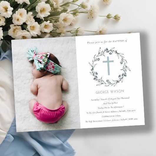 Floral Laurel WreatPhoto Cross Baptism Invite Bedankkaart