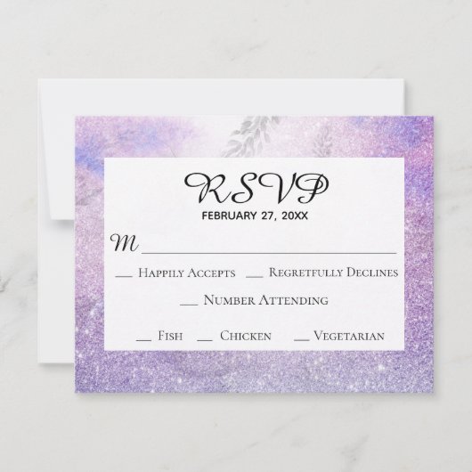 *~* Floral Lavendel Blauw Glitter Elegante bruilof RSVP Kaartje (Voorkant)