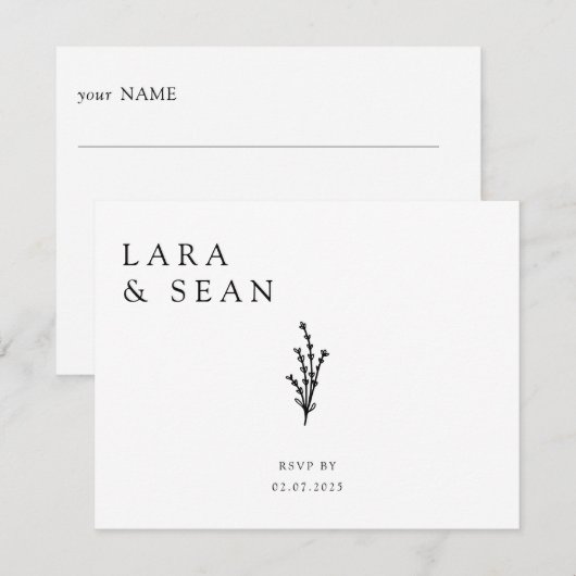 Floral Lavendel Modern Minimalist Zwart-wit RSVP Kaartje (Voorkant / Achterkant)