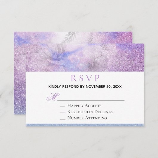 ~ Floral Lavender Blue Glitter Elegant RSVP Informatiekaartje (Voorkant / Achterkant)