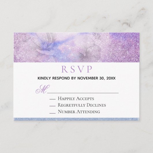 ~ Floral Lavender Blue Glitter Elegant RSVP Informatiekaartje (Voorkant)