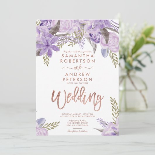 Floral lavender paarse waterverf roos bruiloft kaart (Staand voorkant)