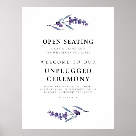 Floral Lavender Unplugged Ceremony & Open Zitplaat Poster (Voorkant)