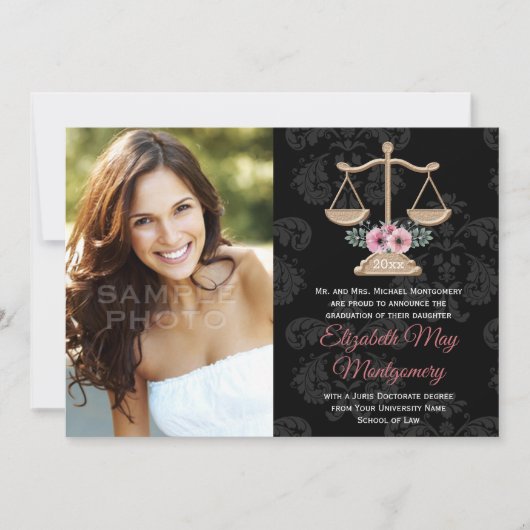 Floral Law School Afstuderen Fotoaankondiging Kaart (Voorkant)