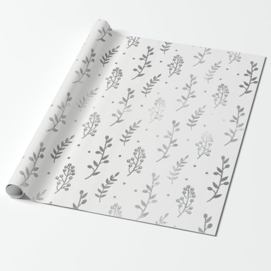 Floral Leafs Metallic White Silver Gray Delicate Cadeaupapier (Uitgerold)