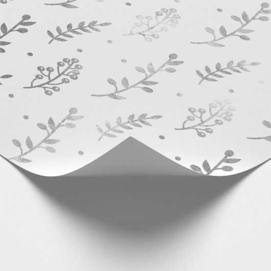 Floral Leafs Metallic White Silver Gray Delicate Cadeaupapier (Hoek)