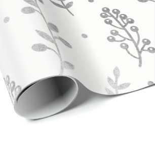 Floral Leafs Metallic White Silver Gray Delicate Cadeaupapier