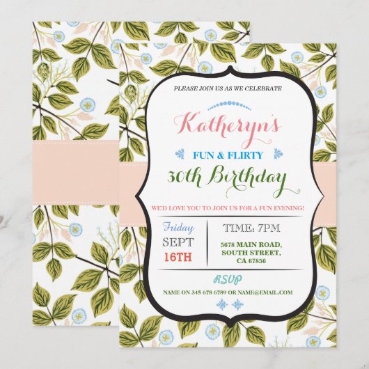 Floral Leaves 50th 40th Verjaardagsfeest Uitnodige Kaart (Voorkant / Achterkant)