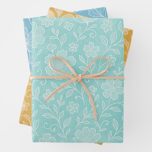 Floral Leaves Art Pattern On Turquoise Blue Yellow Inpakpapier Vel (In situ)