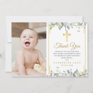 Floral Leaves Gold Cross Baptisme Christening Foto Bedankkaart