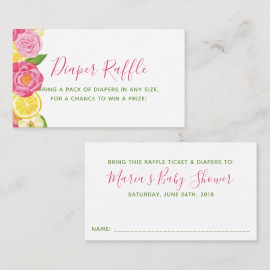Floral Lemon Baby shower Luier Raffle Ticket Informatiekaartje (Voorkant / Achterkant)