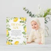 Floral Lemon Citrus 1st Birthday Foto Bedankkaart (Staand voorkant)