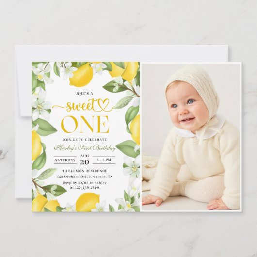 Floral Lemon Citrus 1st Birthday Foto Kaart (Voorkant)