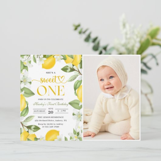 Floral Lemon Citrus 1st Birthday Foto Kaart (Staand voorkant)