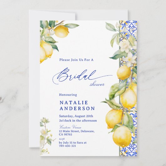 Floral Lemon Mediterranean Blue Tile Bridal Shower Kaart (Voorkant)