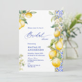 Floral Lemon Mediterranean Blue Tile Bridal Shower Kaart (Staand voorkant)