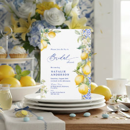 Floral Lemon Mediterranean Blue Tile Bridal Shower Kaart