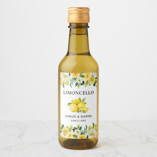 Floral Lemons Limoncello Bruiloft Mini Fles Label Wijn Etiket (Voorkant)