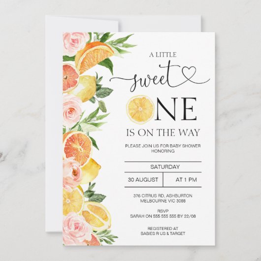 Floral Lemons Sinaasappel Little Sweet One Baby sh Kaart (Voorkant)