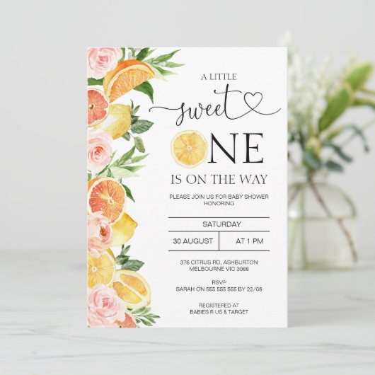 Floral Lemons Sinaasappel Little Sweet One Baby sh Kaart (Staand voorkant)
