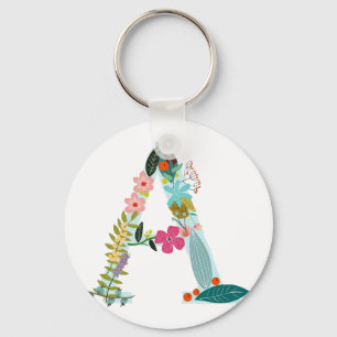Floral Letter A Initiaal Monogram Sleutelhanger