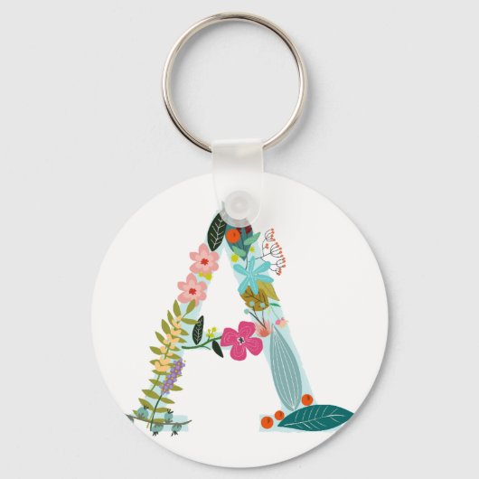 Floral Letter A Initiaal Monogram Sleutelhanger (Voorkant)