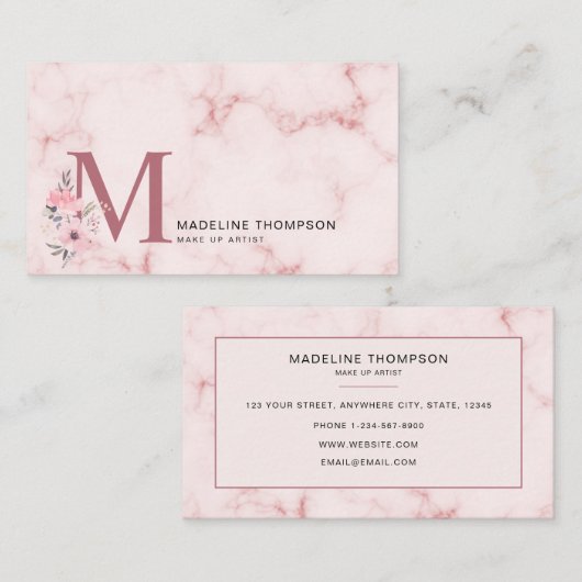 Floral Letter Blush Pink Monogram Marble make up Visitekaartje (Voorkant / Achterkant)