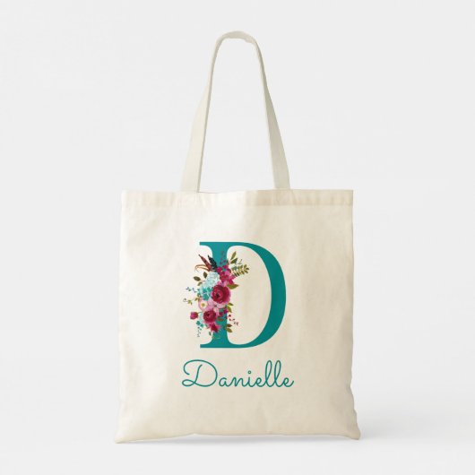 Floral Letter D Script Monogram Blauwgroen Roze Tote Bag (Achterkant)