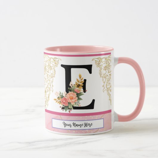Floral Letter E Mug – Personalized Initial Cup wit Mok (Rechts)