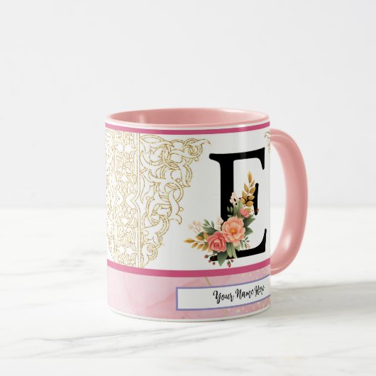 Floral Letter E Mug – Personalized Initial Cup wit Mok (Voorkant rechts)