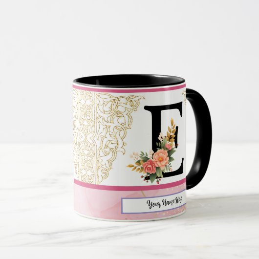 Floral Letter E Mug – Personalized Initial Cup wit Mok (Voorkant rechts)