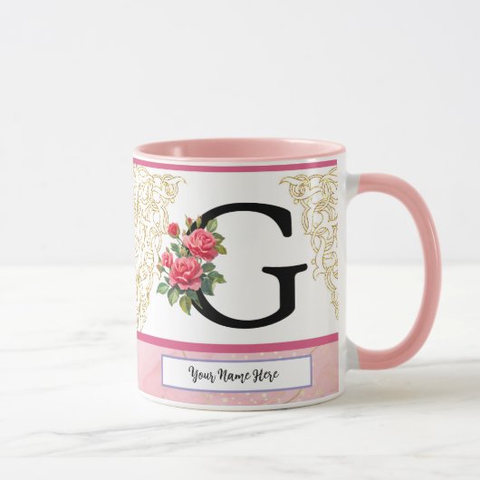 Floral Letter G Mug – Custom Name Monogram Cup Mok (Rechts)