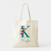 Floral Letter K Script Monogram Blauwgroen Roze Tote Bag (Achterkant)