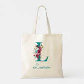 Floral Letter L Script Monogram Blauwgroen Roze Tote Bag (Achterkant)