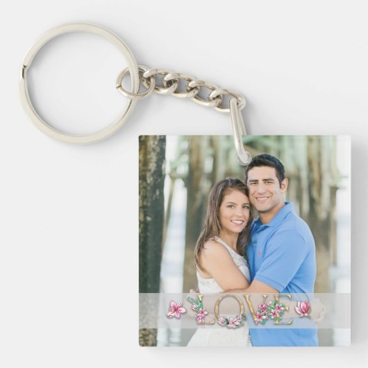 Floral Letter LOVE met paren Foto Namen Datum Sleutelhanger (Voorkant)