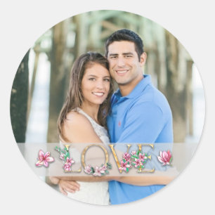 Floral Letter LOVE met paren foto Ronde Sticker