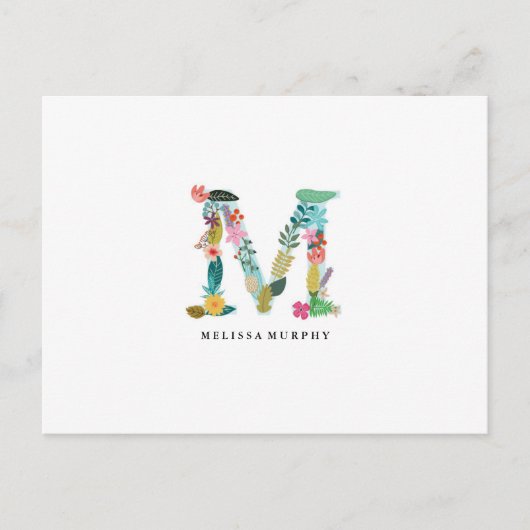 Floral Letter Monogram Initiaal - M - Flat Card Briefkaart (Voorkant)