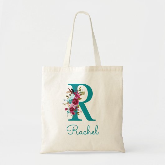 Floral Letter R Script Monogram Blauwgroen Roze Tote Bag (Voorkant)