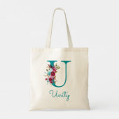 Floral Letter U Script Monogram Blauwgroen Roze Tote Bag (Achterkant)
