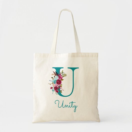 Floral Letter U Script Monogram Blauwgroen Roze Tote Bag (Voorkant)