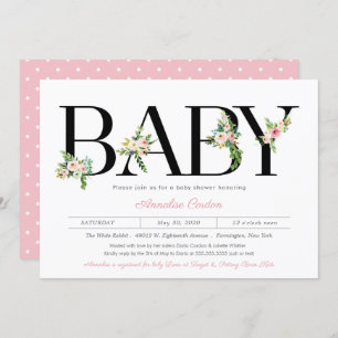 Floral Letters Pastel Pink Girl Baby shower Kaart