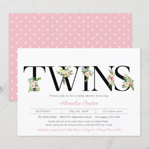 Floral Letters Pastel Pink Twin Girl Baby shower Kaart