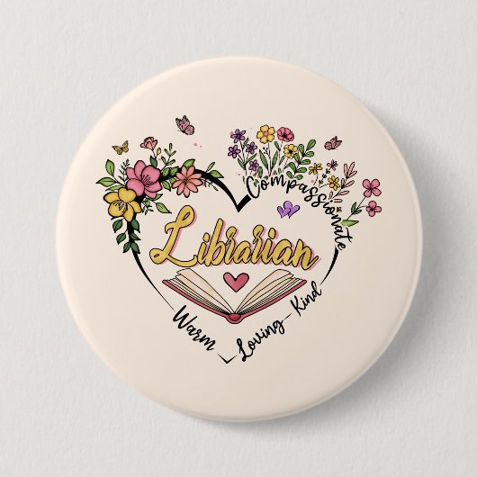 Floral Librarian Heart Ronde Button 7,6 Cm (Voorkant)