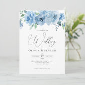 Floral Light Baby Blue QR-code in één bruiloft Kaart (Staand voorkant)