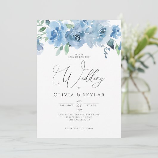 Floral Light Baby Blue QR-code in één bruiloft Kaart (Staand voorkant)