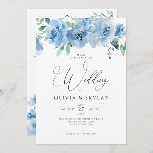 Floral Light Baby Blue QR-code in één bruiloft Kaart (Voorkant / Achterkant)