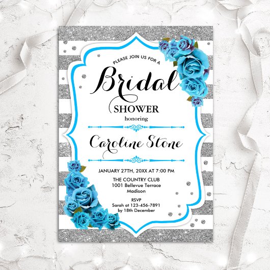 Floral Light Blue Silver Stripes Vrijgezellenfeest Kaart