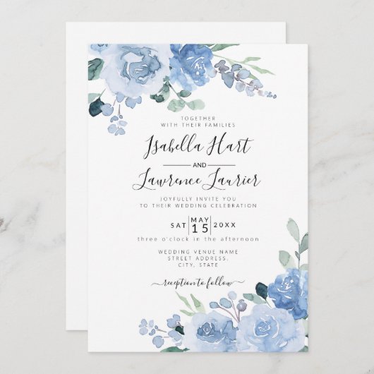 Floral Light Dusty Blue Botanical Wedding Kaart (Voorkant / Achterkant)