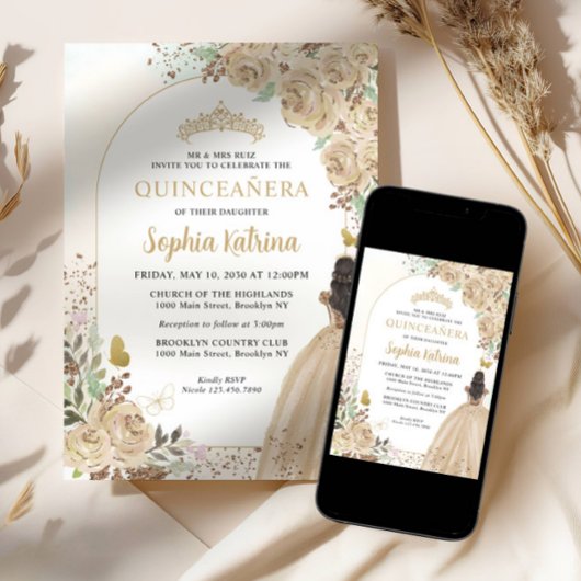 Floral Light Gold Princess Birthday Quinceanera Kaart