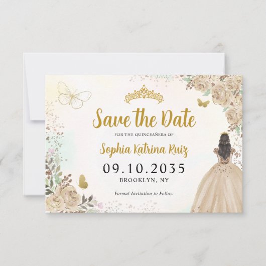 Floral Light Gold Princess Birthday Quinceanera Save The Date (Voorkant)